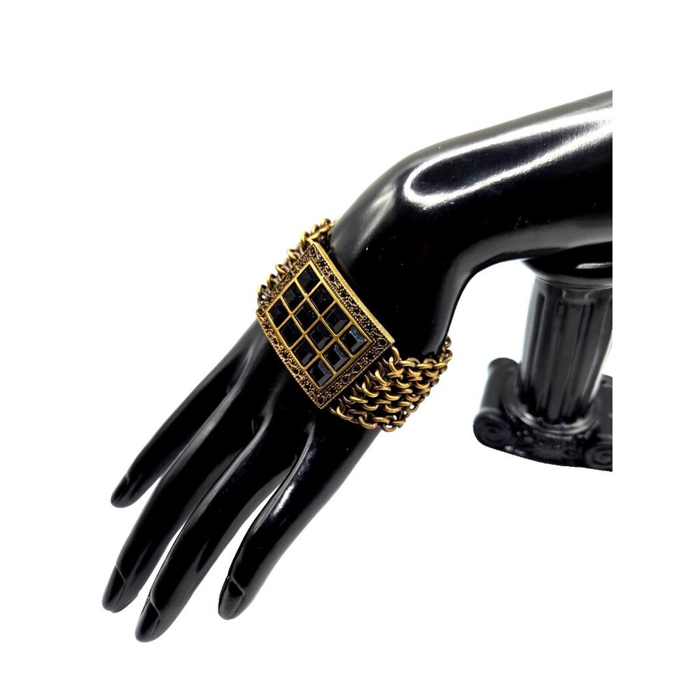 MYKA signed vintage black swarovski crystal brass chunky chain bracelet  1.25"